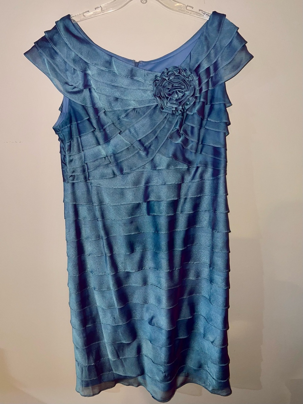 Satin Tiered Midi Dress with Rosette - Teal Blue